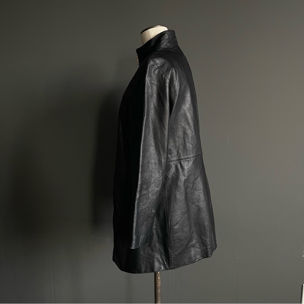 Colebrook & Co Black Leather Funnel Neck Longline Jacket Coat Dress Minimalist - Picture 4 of 15